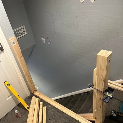 Staircase newel posts being constructed