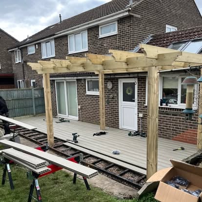 Composite decking and timber pergola under construction