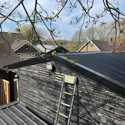 Black corrugated barn roof with trees in background