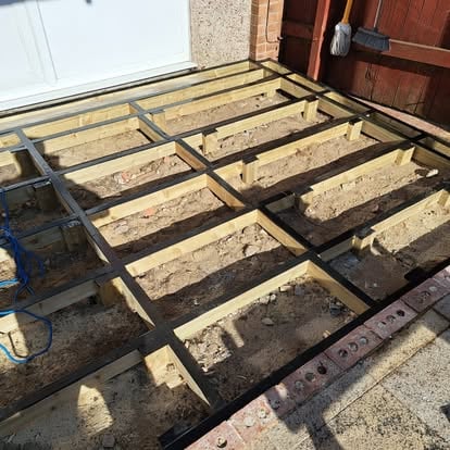 Decking subframe with timber joists full overhead view
