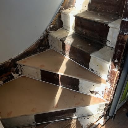 Old winding staircase from above, partial new treads