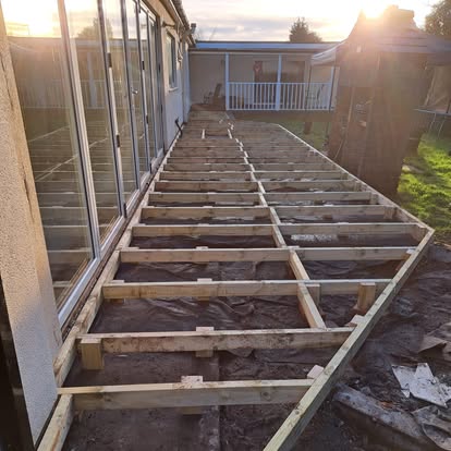 Timber joist subframe for decking under construction