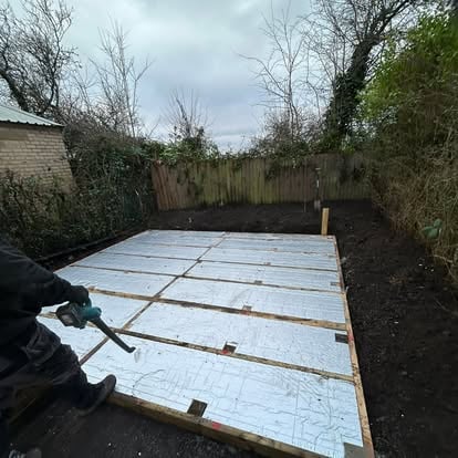 Garden room base insulation boards on timber frame